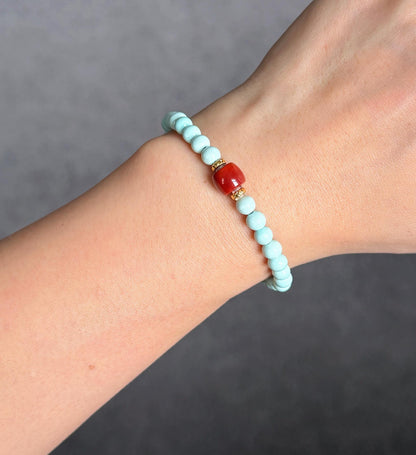 Natural 5mm Turquoise & Red Agate Beaded Bracelet | Untreated Turquoise | 18K Gold Accent Gemstone Jewelry