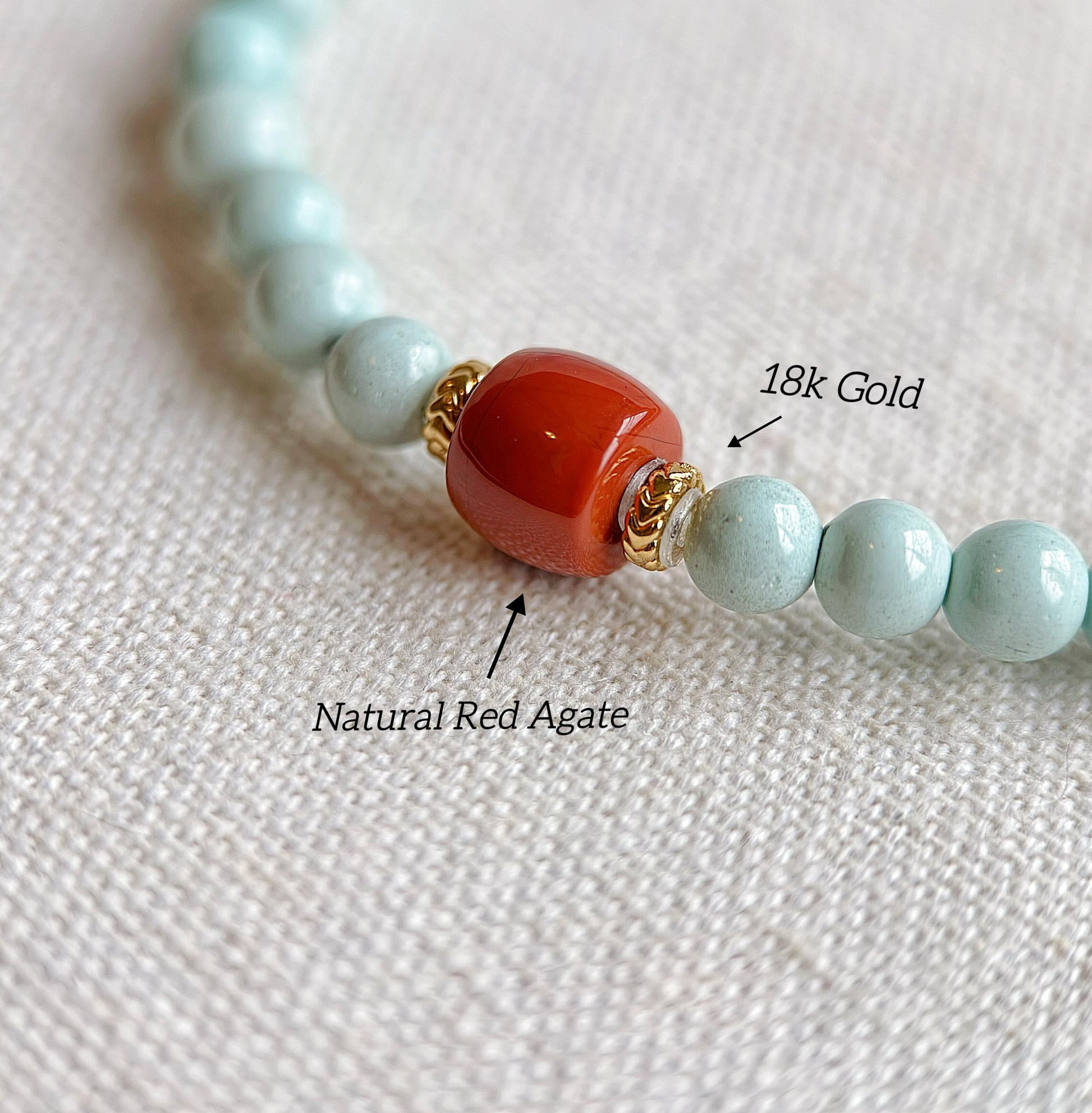 Natural 5mm Turquoise & Red Agate Beaded Bracelet | Untreated Turquoise | 18K Gold Accent Gemstone Jewelry