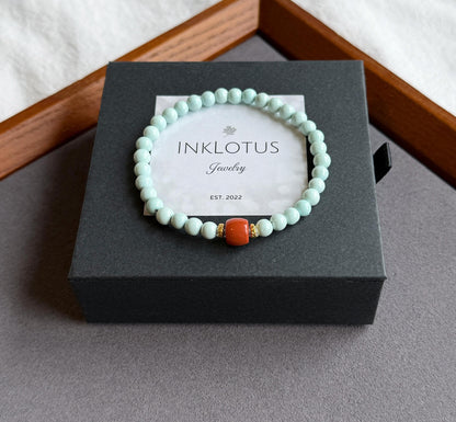 Natural 5mm Turquoise & Red Agate Beaded Bracelet | Untreated Turquoise | 18K Gold Accent Gemstone Jewelry