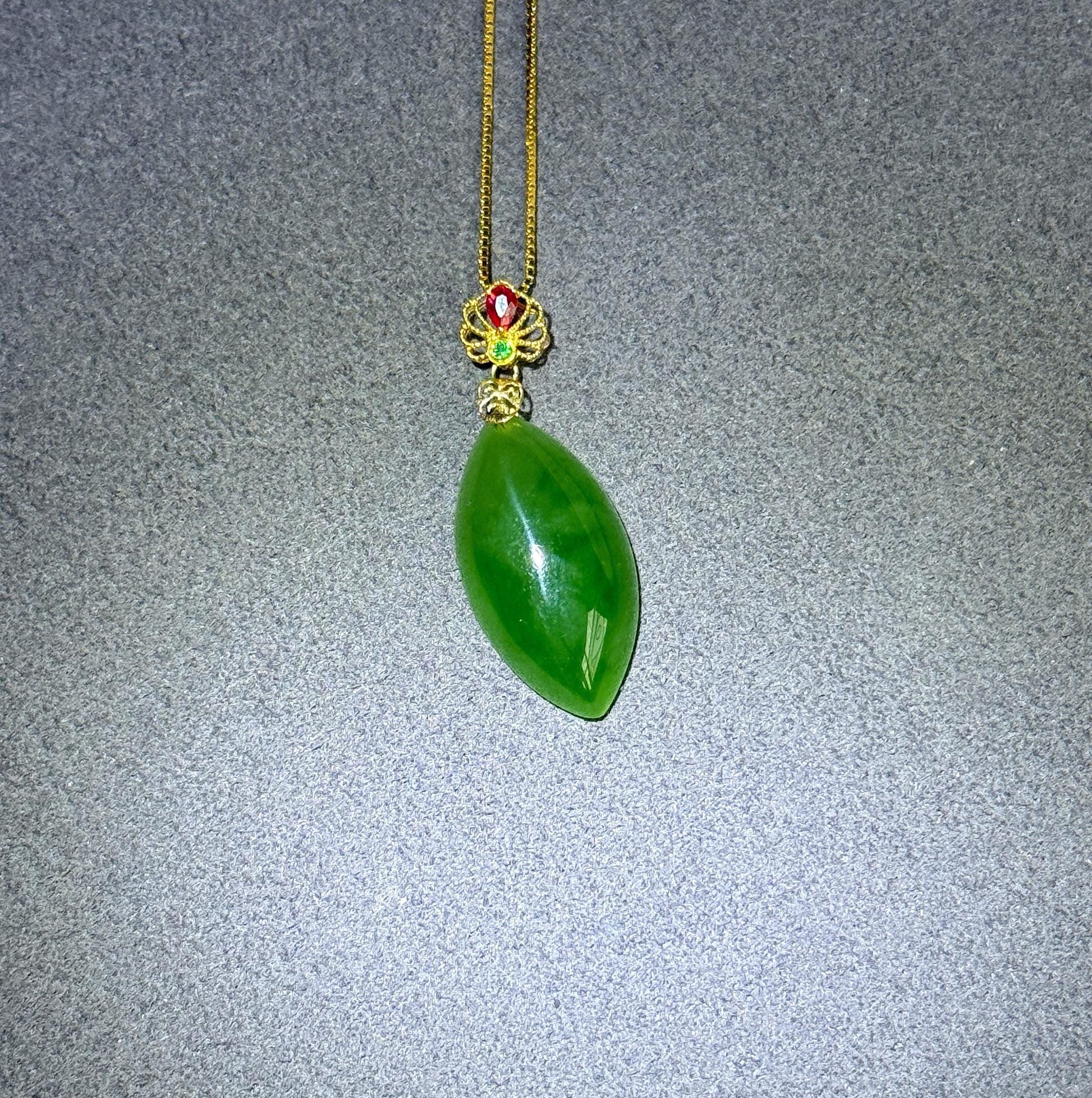 18K Natural Green Nephrite Jade Pendant Necklace | Marquise Jade | Dainty Jewelry Gift for Her