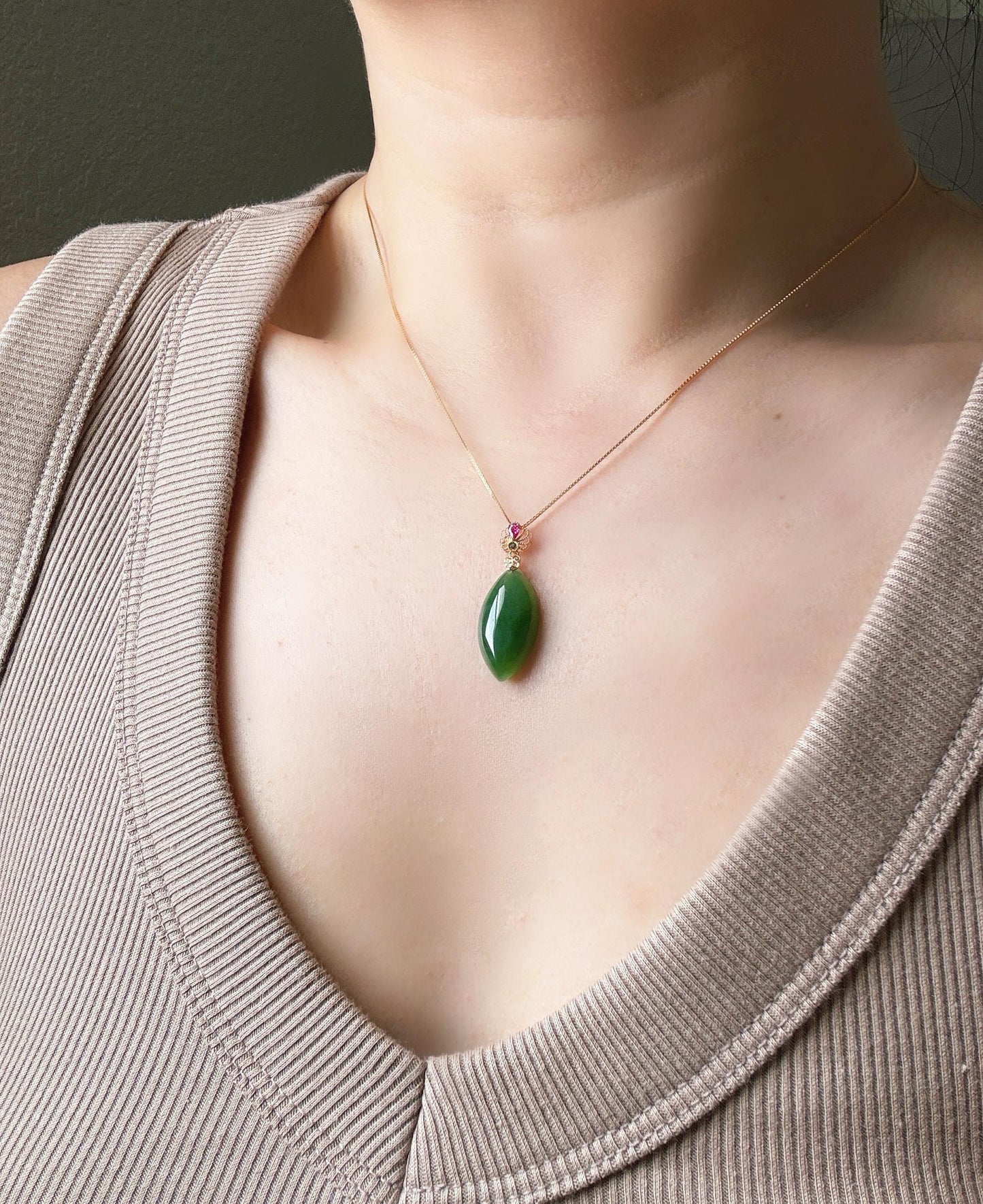 18K Natural Green Nephrite Jade Pendant Necklace | Marquise Jade | Dainty Jewelry Gift for Her