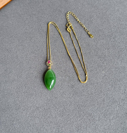18K Natural Green Nephrite Jade Pendant Necklace | Marquise Jade | Dainty Jewelry Gift for Her