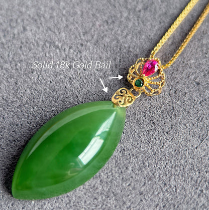 18K Natural Green Nephrite Jade Pendant Necklace | Marquise Jade | Dainty Jewelry Gift for Her