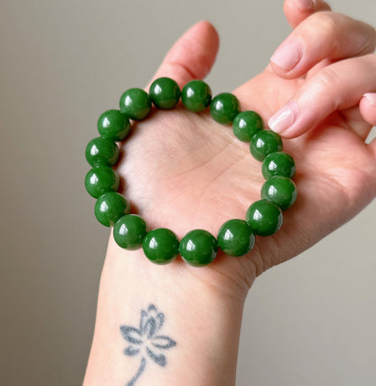 12mm Rich Imperial Green Nephrite Jade Bracelet | Certificate Included | Top-quality Natural Jade | Luxury Statement Jewelry