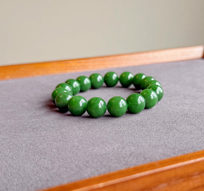 12mm Rich Imperial Green Nephrite Jade Bracelet | Certificate Included | Top-quality Natural Jade | Luxury Statement Jewelry