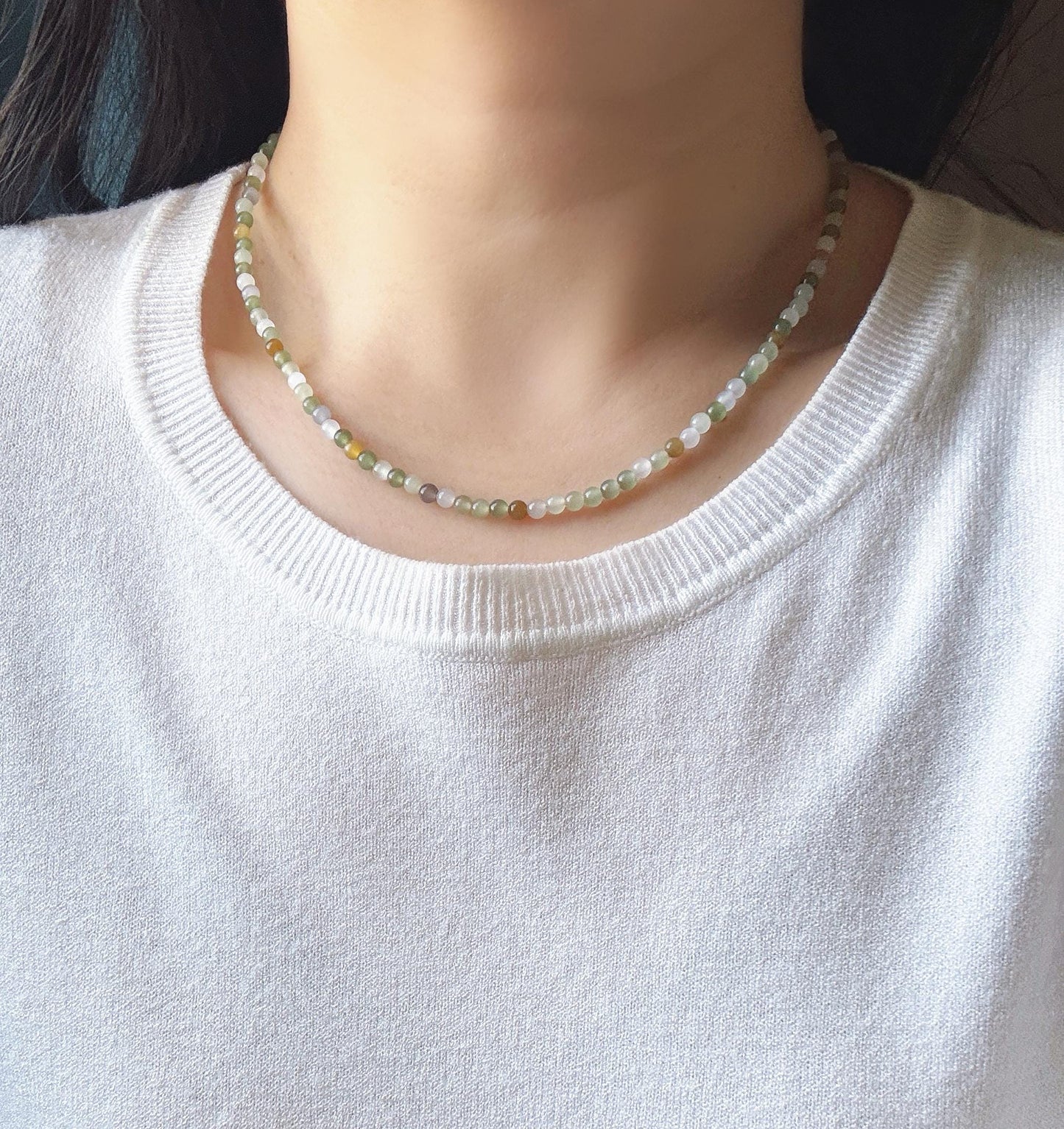 4mm Nephrite Jade Beaded Necklace Choker | Multicolor Gemstone | Adjustable