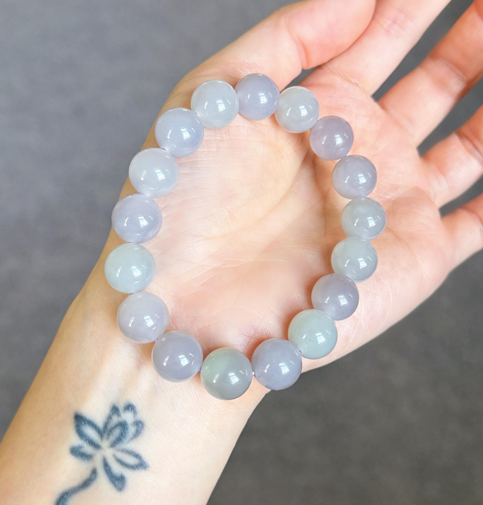 12mm Natural Nephrite Jade Bracelet | Gray Lilac & Soft Green Jade | Rare Pastel Jade Jewelry Gift for Her