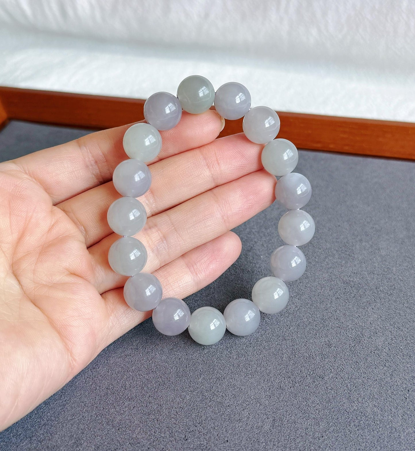 12mm Natural Nephrite Jade Bracelet | Gray Lilac & Soft Green Jade | Rare Pastel Jade Jewelry Gift for Her