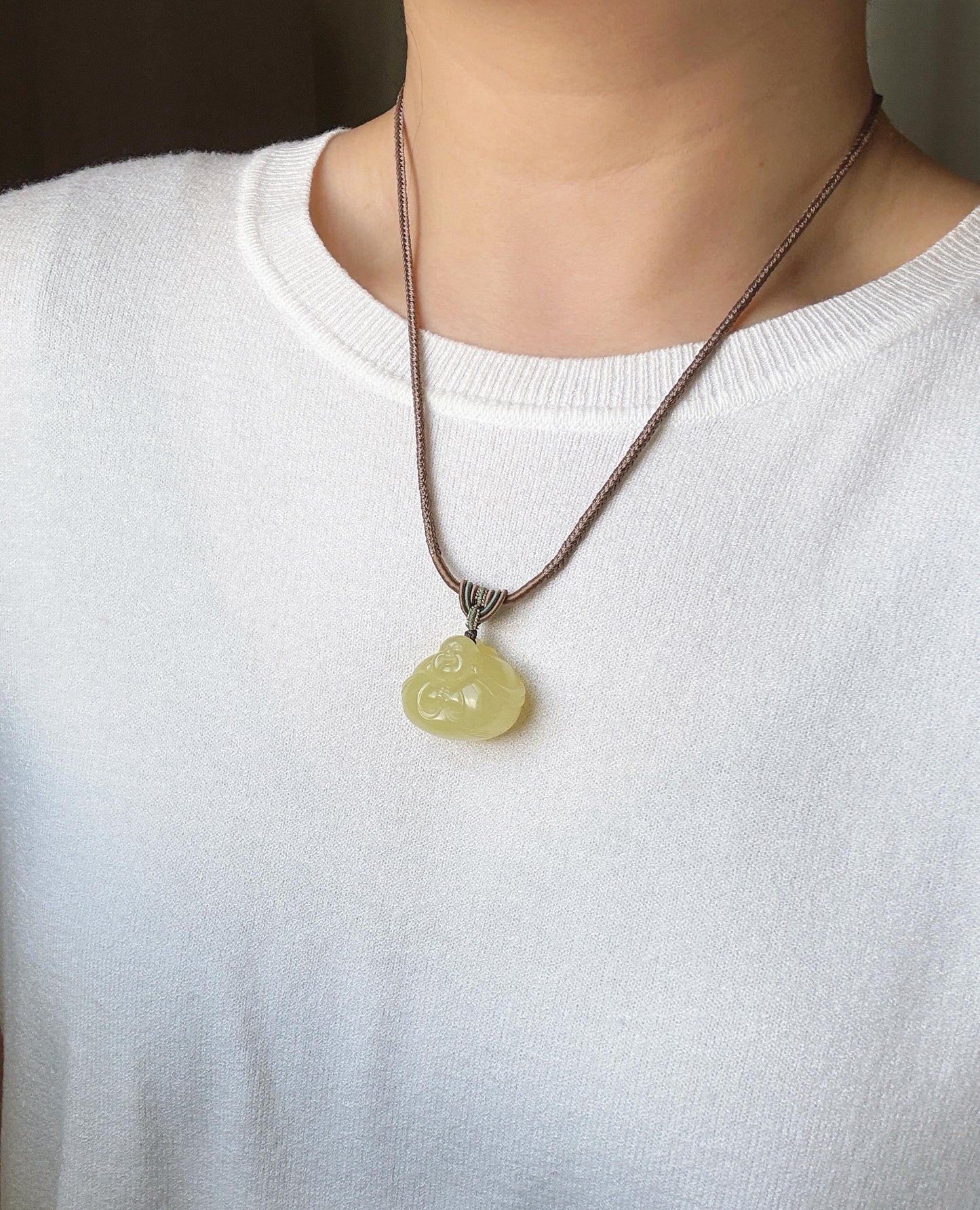 Natural Yellow Nephrite Jade Happy Buddha Pendant Necklace | Untreated Jade Stone | Adjustable Cord