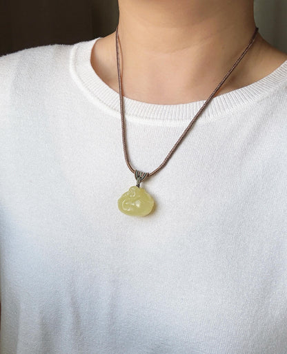 Natural Yellow Nephrite Jade Happy Buddha Pendant Necklace | Untreated Jade Stone | Adjustable Cord