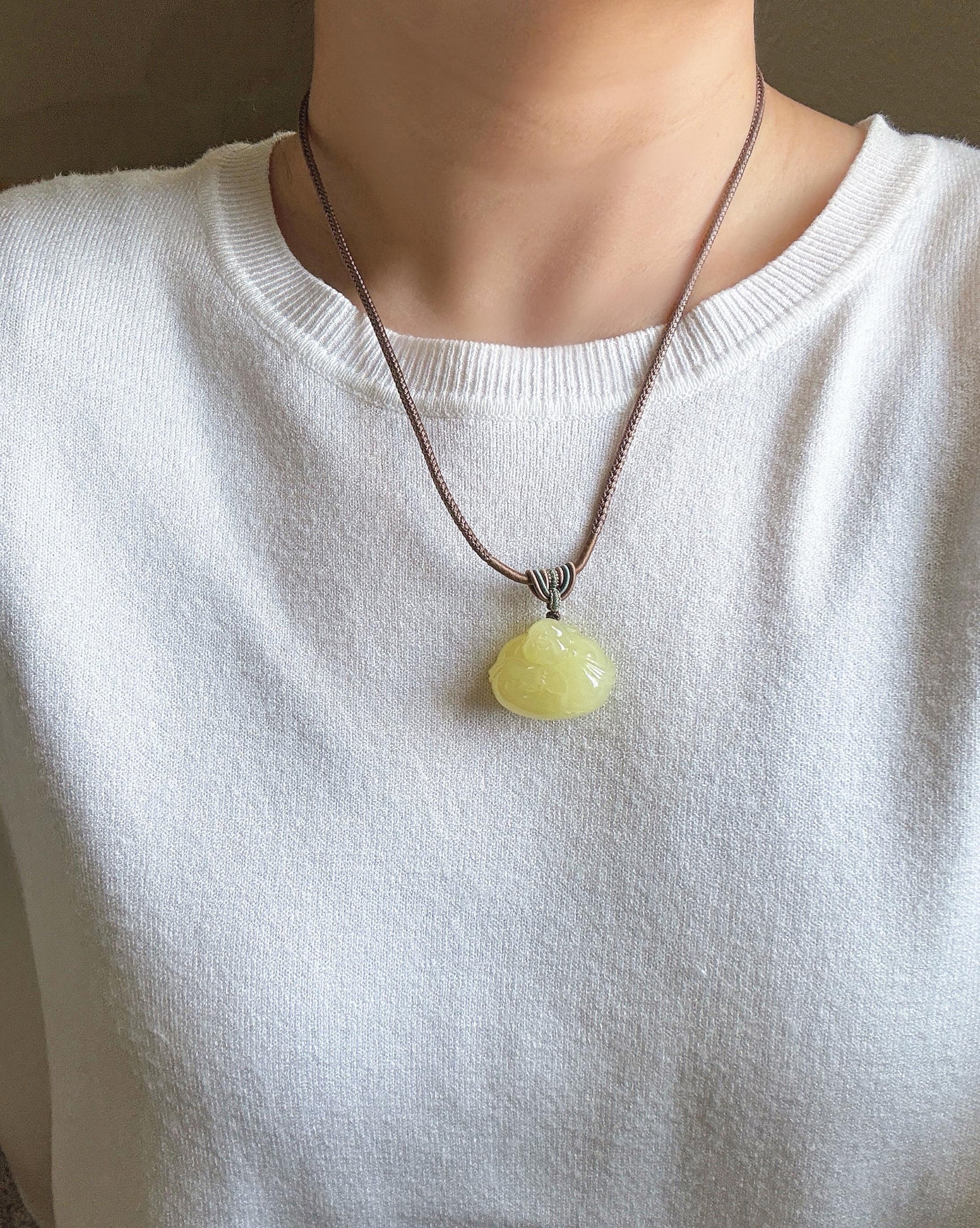 Natural Yellow Nephrite Jade Happy Buddha Pendant Necklace | Untreated Jade Stone | Adjustable Cord