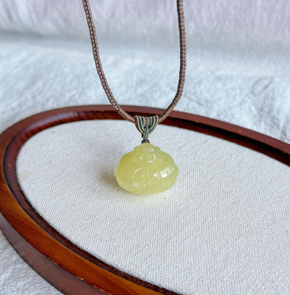Natural Yellow Nephrite Jade Happy Buddha Pendant Necklace | Untreated Jade Stone | Adjustable Cord