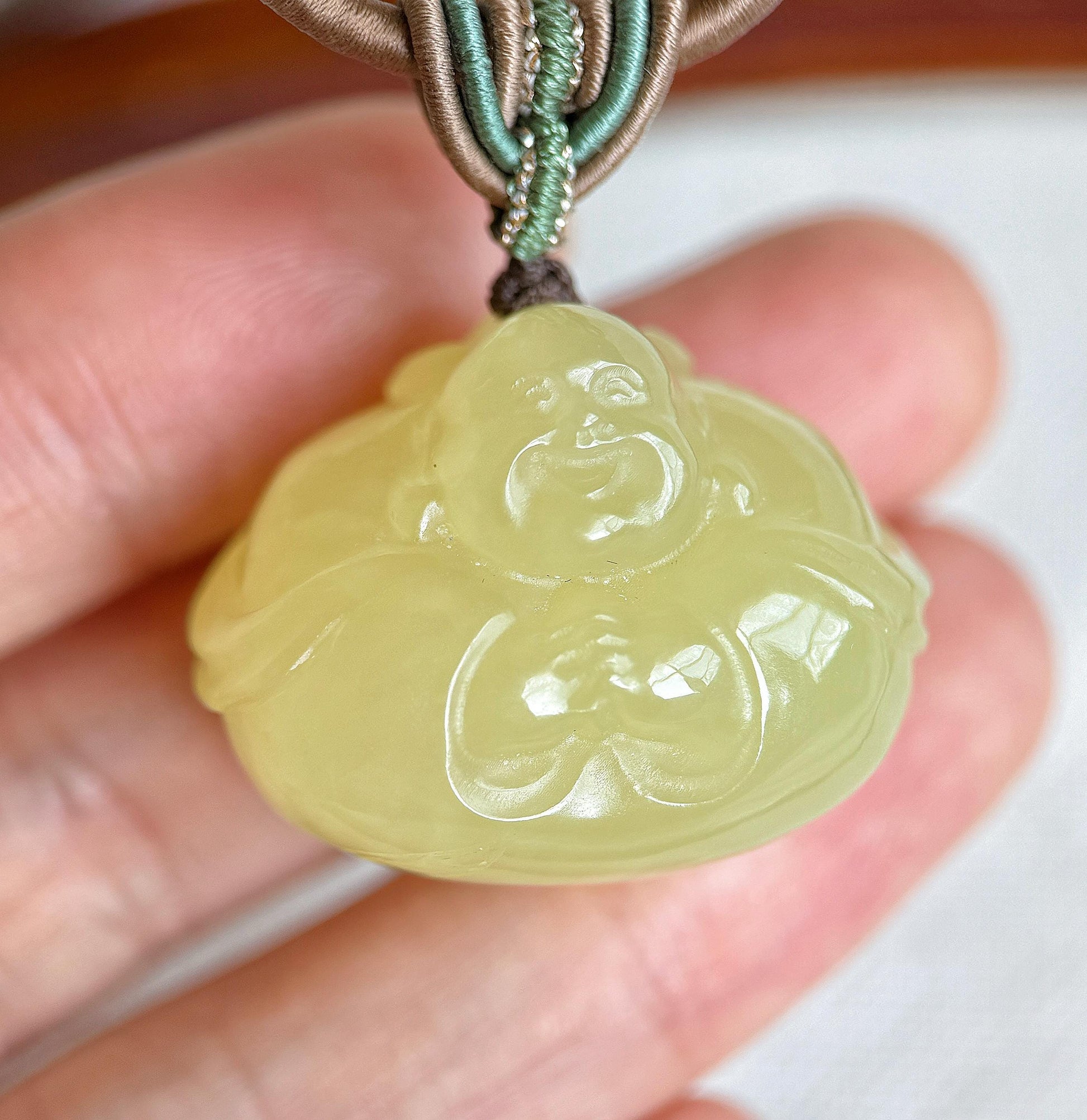 Natural Yellow Nephrite Jade Happy Buddha Pendant Necklace | Untreated Jade Stone | Adjustable Cord