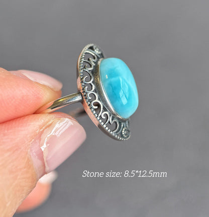 Natural Larimar Ring in S925 Sterling Silver | Adjustable Ring | Vintage Oval Blue Stone Statement Ring | Gift for Her