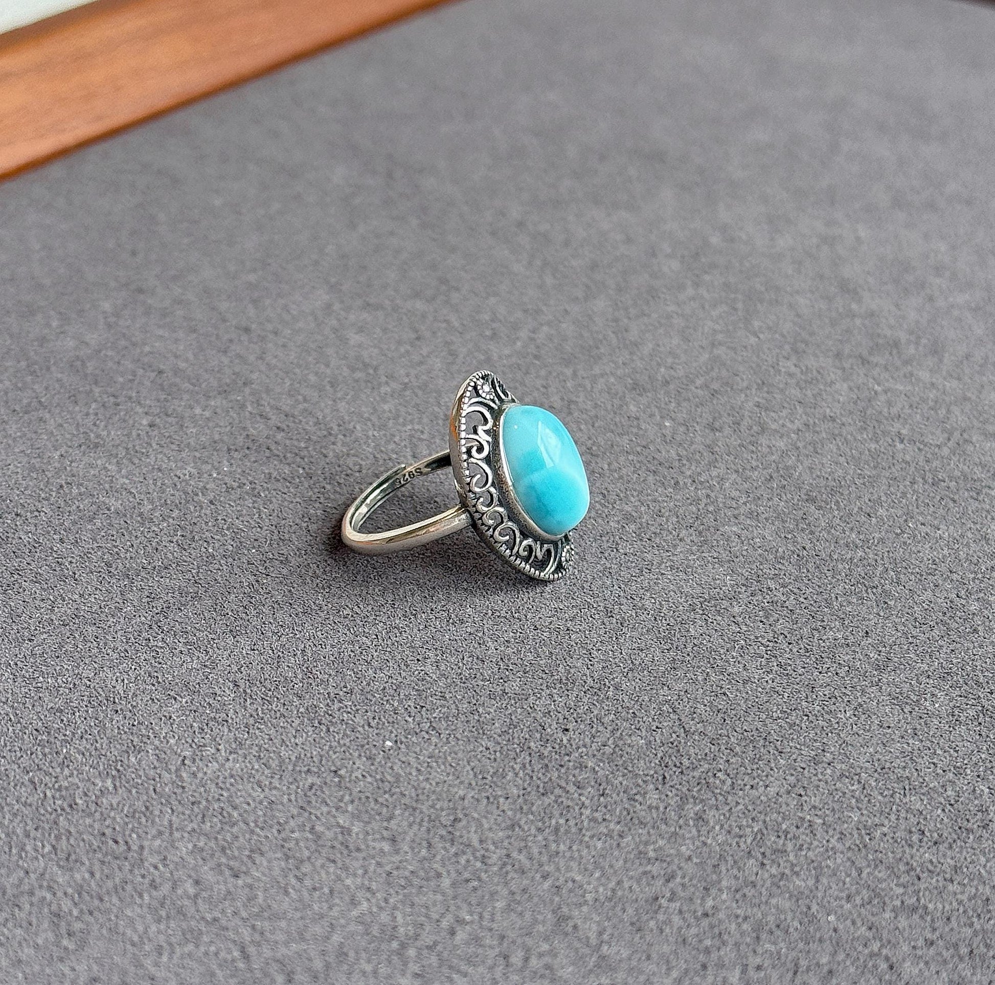 Natural Larimar Ring in S925 Sterling Silver | Adjustable Ring | Vintage Oval Blue Stone Statement Ring | Gift for Her