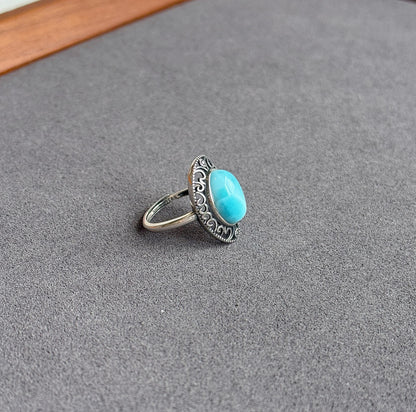 Natural Larimar Ring in S925 Sterling Silver | Adjustable Ring | Vintage Oval Blue Stone Statement Ring | Gift for Her