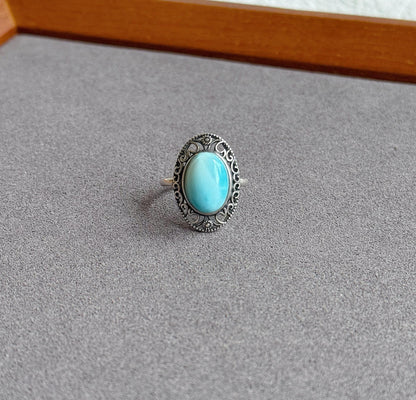 Natural Larimar Ring in S925 Sterling Silver | Adjustable Ring | Vintage Oval Blue Stone Statement Ring | Gift for Her