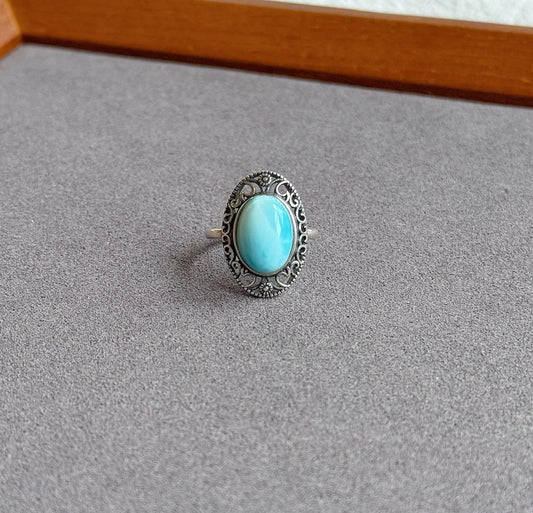 Natural Larimar Ring in S925 Sterling Silver | Adjustable Ring | Vintage Oval Blue Stone Statement Ring | Gift for Her