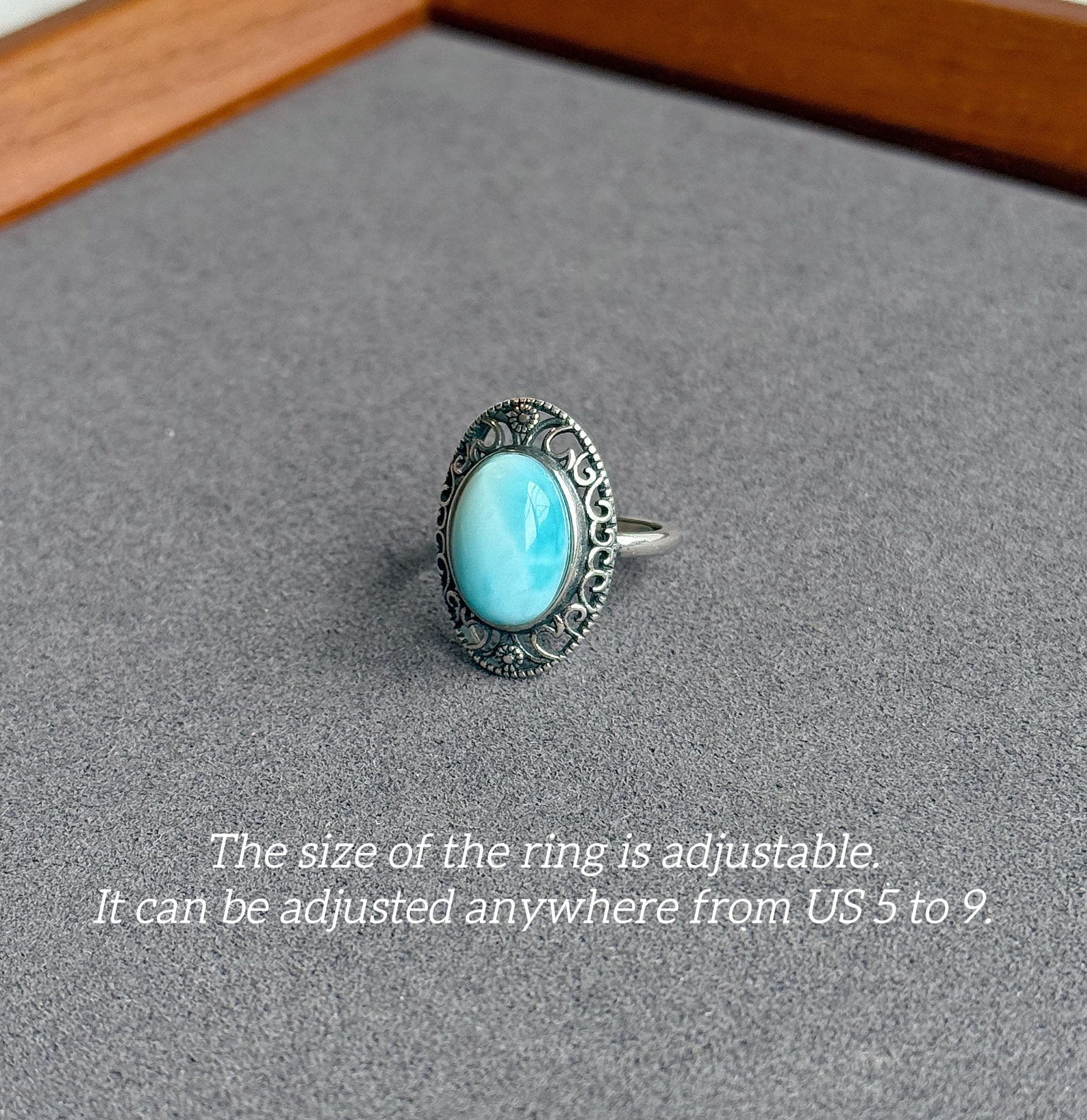 Natural Larimar Ring in S925 Sterling Silver | Adjustable Ring | Vintage Oval Blue Stone Statement Ring | Gift for Her