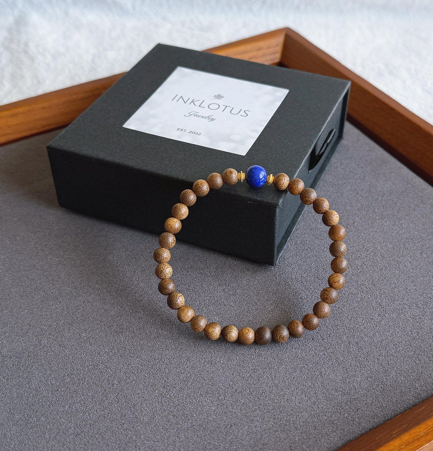 6mm Natural Agarwood and Lapis Lazuli Bracelet | Meditation Jewelry