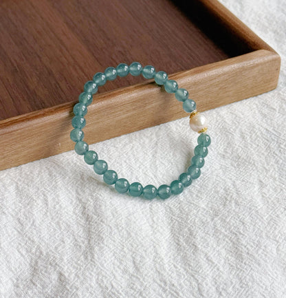 6mm Natural Guatemalan Blue Water Jadeite Bracelet with Freshwater Pearl | S925 Sterling Silver Accents