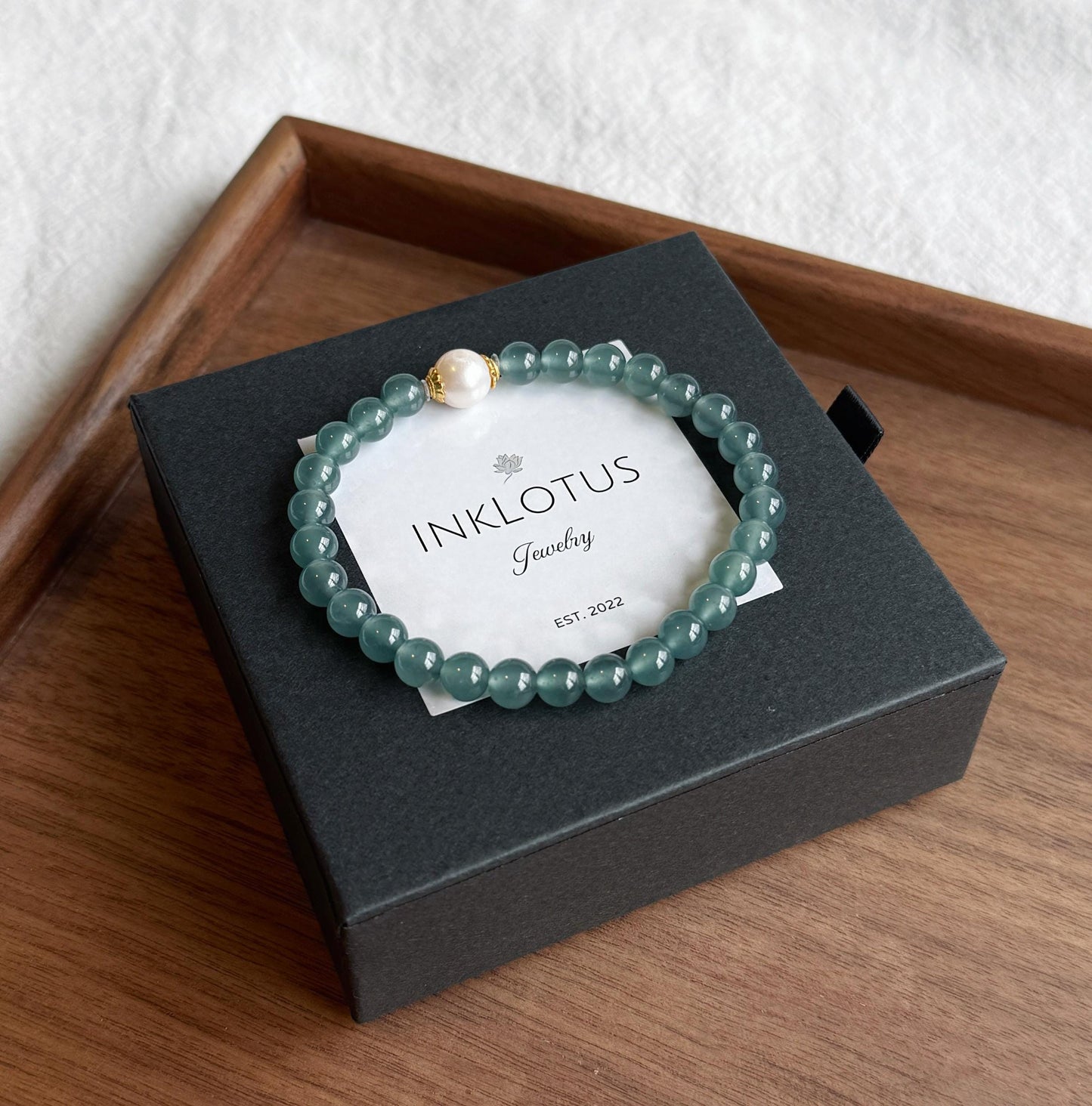6mm Natural Guatemalan Blue Water Jadeite Bracelet with Freshwater Pearl | S925 Sterling Silver Accents