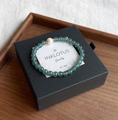6mm Natural Guatemalan Blue Water Jadeite Bracelet with Freshwater Pearl | S925 Sterling Silver Accents