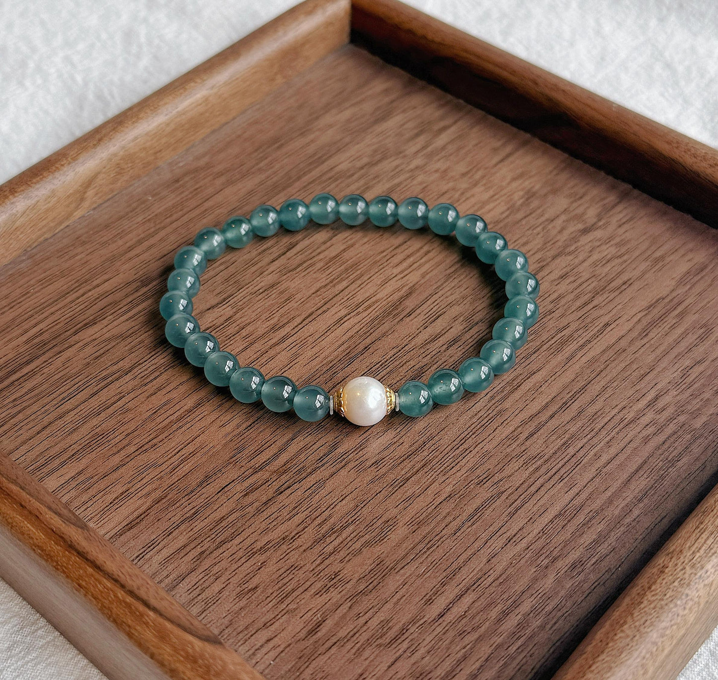 6mm Natural Guatemalan Blue Water Jadeite Bracelet with Freshwater Pearl | S925 Sterling Silver Accents