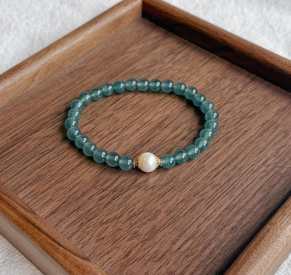 6mm Natural Guatemalan Blue Water Jadeite Bracelet with Freshwater Pearl | S925 Sterling Silver Accents