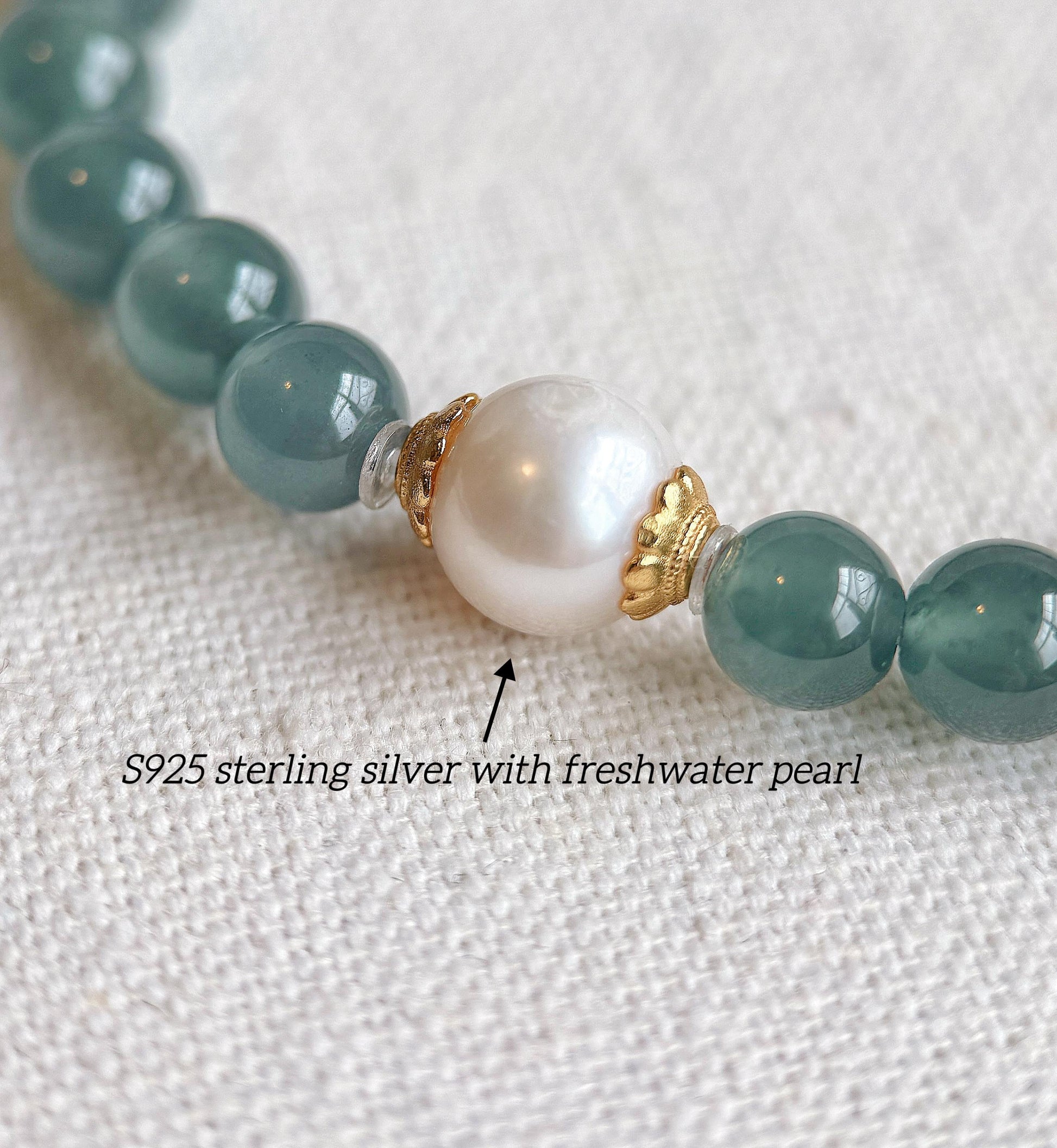 6mm Natural Guatemalan Blue Water Jadeite Bracelet with Freshwater Pearl | S925 Sterling Silver Accents
