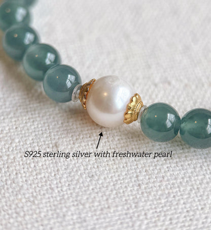 6mm Natural Guatemalan Blue Water Jadeite Bracelet with Freshwater Pearl | S925 Sterling Silver Accents
