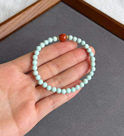 Natural 5mm Turquoise & Red Agate Beaded Bracelet | Untreated Turquoise | 18K Gold Accent Gemstone Jewelry