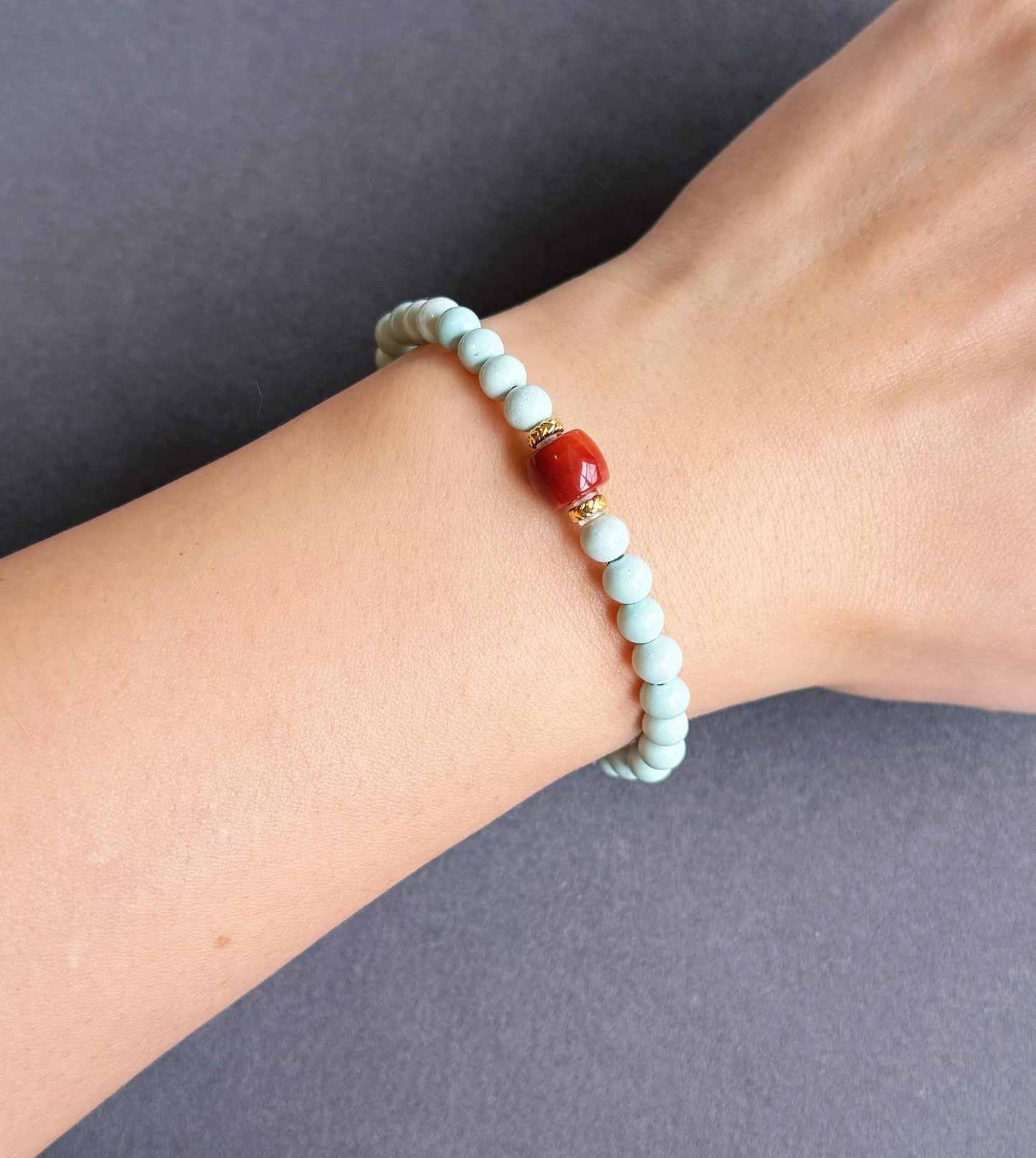 Natural 5mm Turquoise & Red Agate Beaded Bracelet | Untreated Turquoise | 18K Gold Accent Gemstone Jewelry