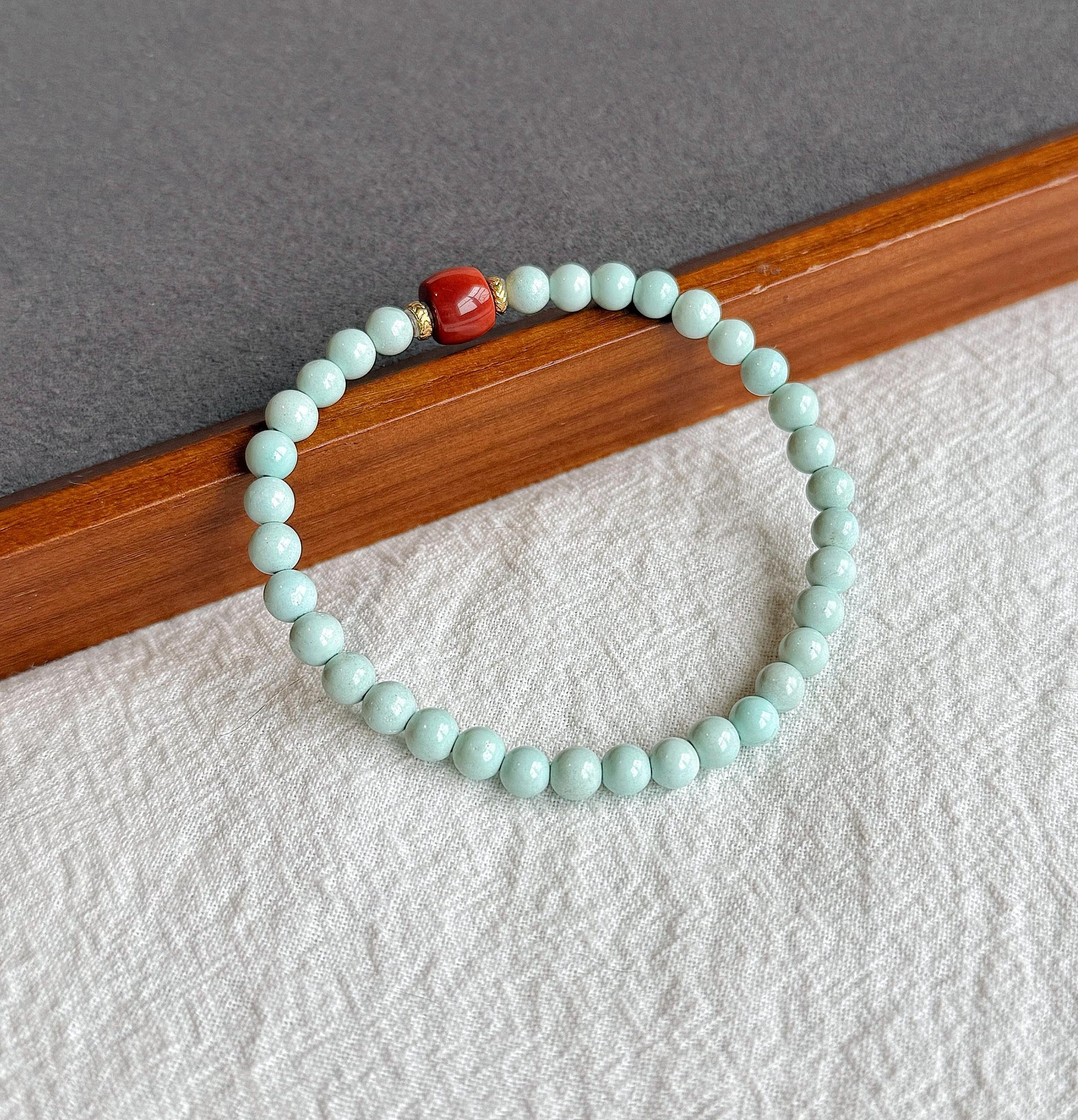 Natural 5mm Turquoise & Red Agate Beaded Bracelet | Untreated Turquoise | 18K Gold Accent Gemstone Jewelry