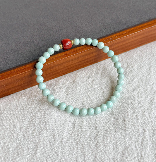 Natural 5mm Turquoise & Red Agate Beaded Bracelet | Untreated Turquoise | 18K Gold Accent Gemstone Jewelry
