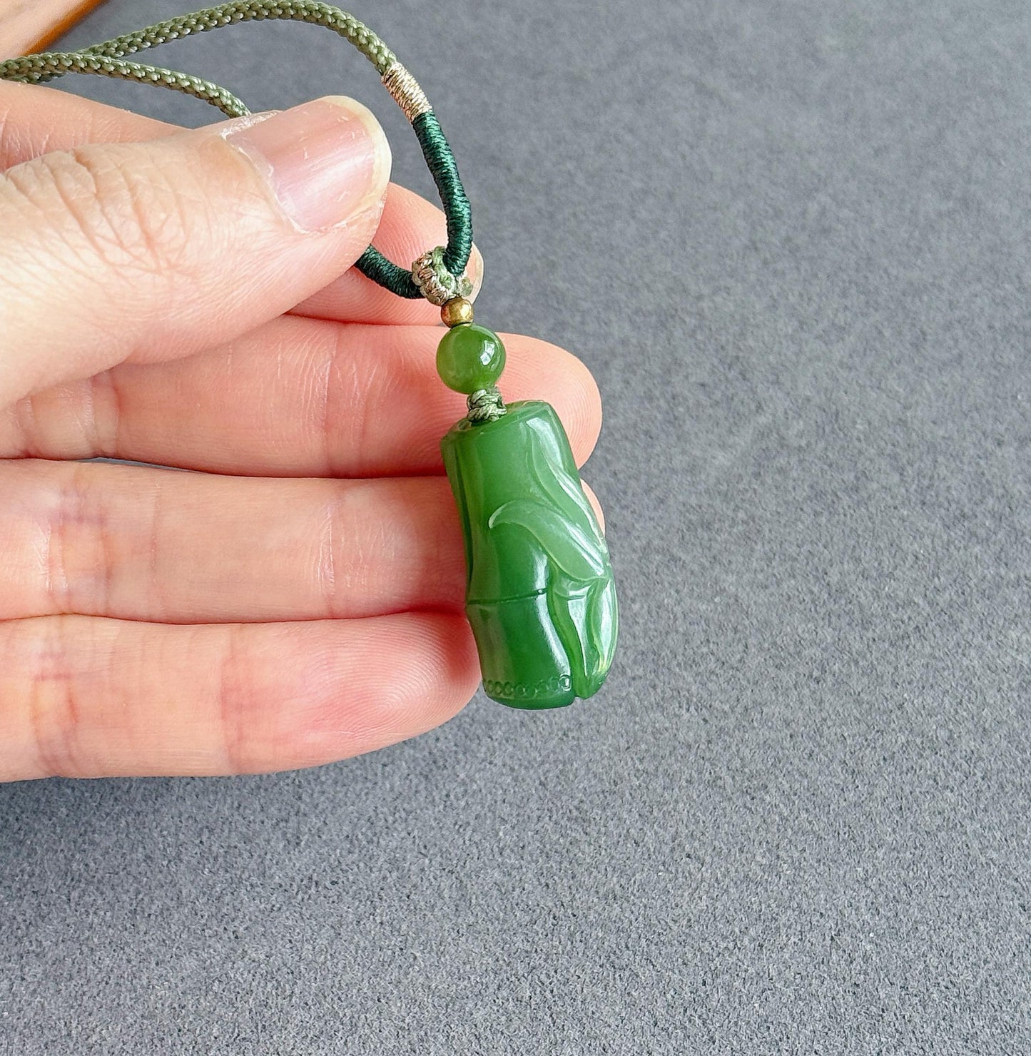 Jade Bamboo Pendant Necklace | Natural and Certified Green Nephrite Jade | Lucky Prosperity Amulet | Adjustable Cord Necklace