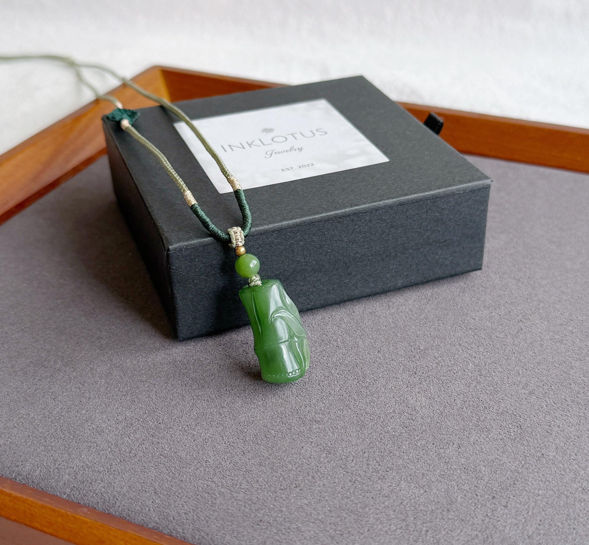 Jade Bamboo Pendant Necklace | Natural and Certified Green Nephrite Jade | Lucky Prosperity Amulet | Adjustable Cord Necklace