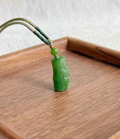 Jade Bamboo Pendant Necklace | Natural and Certified Green Nephrite Jade | Lucky Prosperity Amulet | Adjustable Cord Necklace