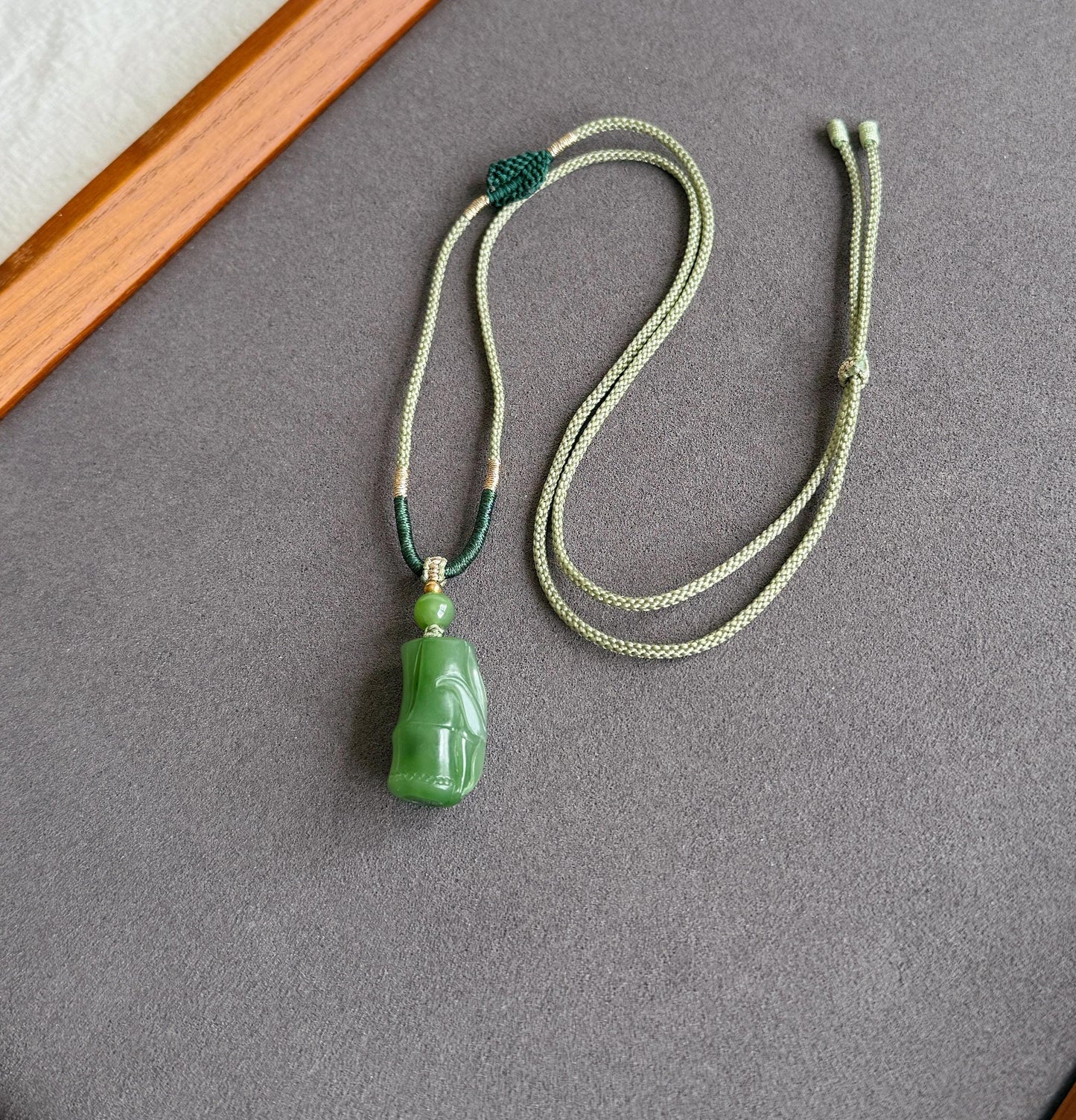Jade Bamboo Pendant Necklace | Natural and Certified Green Nephrite Jade | Lucky Prosperity Amulet | Adjustable Cord Necklace