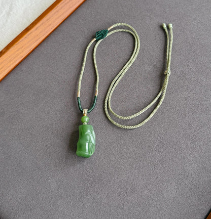 Jade Bamboo Pendant Necklace | Natural and Certified Green Nephrite Jade | Lucky Prosperity Amulet | Adjustable Cord Necklace