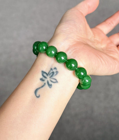 12mm Rich Imperial Green Nephrite Jade Bracelet | Certificate Included | Top-quality Natural Jade | Luxury Statement Jewelry