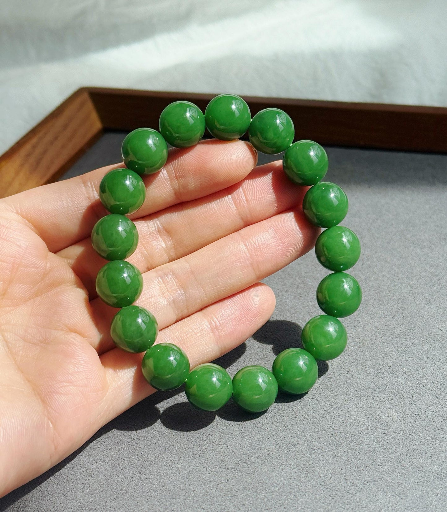 12mm Rich Imperial Green Nephrite Jade Bracelet | Certificate Included | Top-quality Natural Jade | Luxury Statement Jewelry