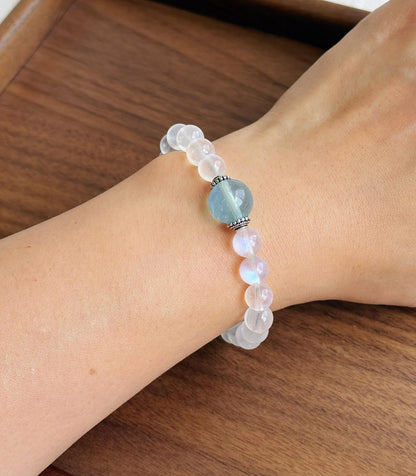 Moonstone & Aquamarine Bracelet | High-Grade Blue Sheen Moonstone 7.5mm | June/March Birthstone | Gift for Her