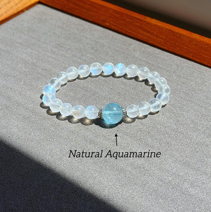 Moonstone & Aquamarine Bracelet | High-Grade Blue Sheen Moonstone 7.5mm | June/March Birthstone | Gift for Her