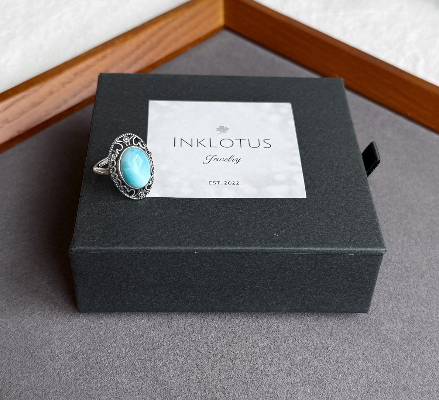 Natural Larimar Ring in S925 Sterling Silver | Adjustable Ring | Vintage Oval Blue Stone Statement Ring | Gift for Her