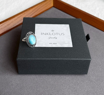 Natural Larimar Ring in S925 Sterling Silver | Adjustable Ring | Vintage Oval Blue Stone Statement Ring | Gift for Her