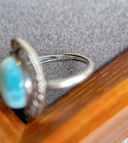 Natural Larimar Ring in S925 Sterling Silver | Adjustable Ring | Vintage Oval Blue Stone Statement Ring | Gift for Her