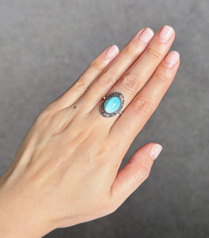Natural Larimar Ring in S925 Sterling Silver | Adjustable Ring | Vintage Oval Blue Stone Statement Ring | Gift for Her
