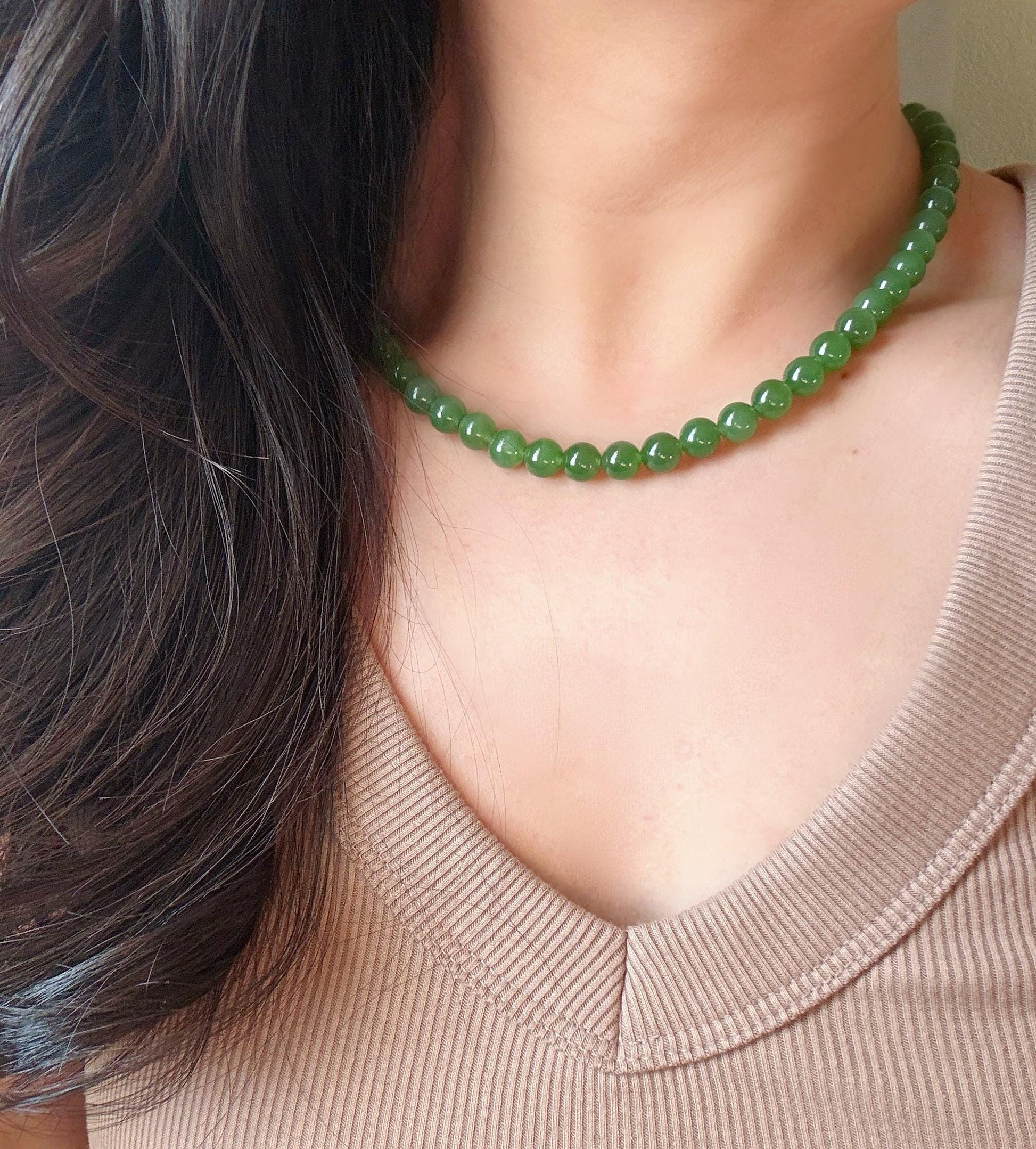 Premium Natural Green Nephrite Jade Beaded Necklace 8mm | Genuine and Certified Nephrite Jade | Fine Jewelry Gift for Her