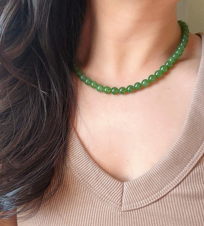 Premium Natural Green Nephrite Jade Beaded Necklace 8mm | Genuine and Certified Nephrite Jade | Fine Jewelry Gift for Her
